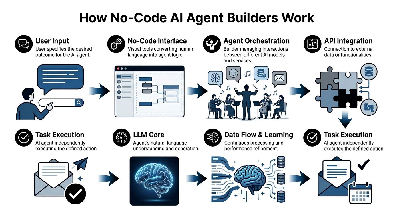 A diagram illustrating the workflow of no-code AI agent builders from user input to final task execution.