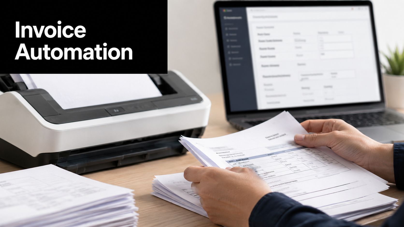 A person holds a paper invoice while a document scanner and laptop display automated data processing software.