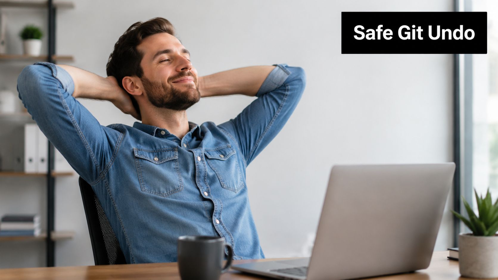 A relaxed man leaning back in his office chair behind a laptop with text reading Safe Git Undo
