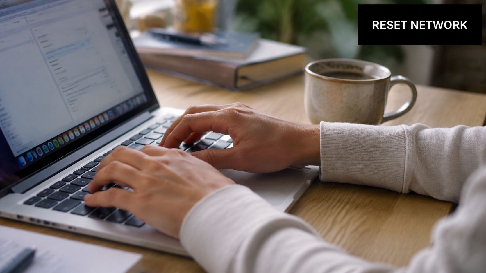 A person typing on a laptop computer while sitting at a desk with a coffee mug nearby.