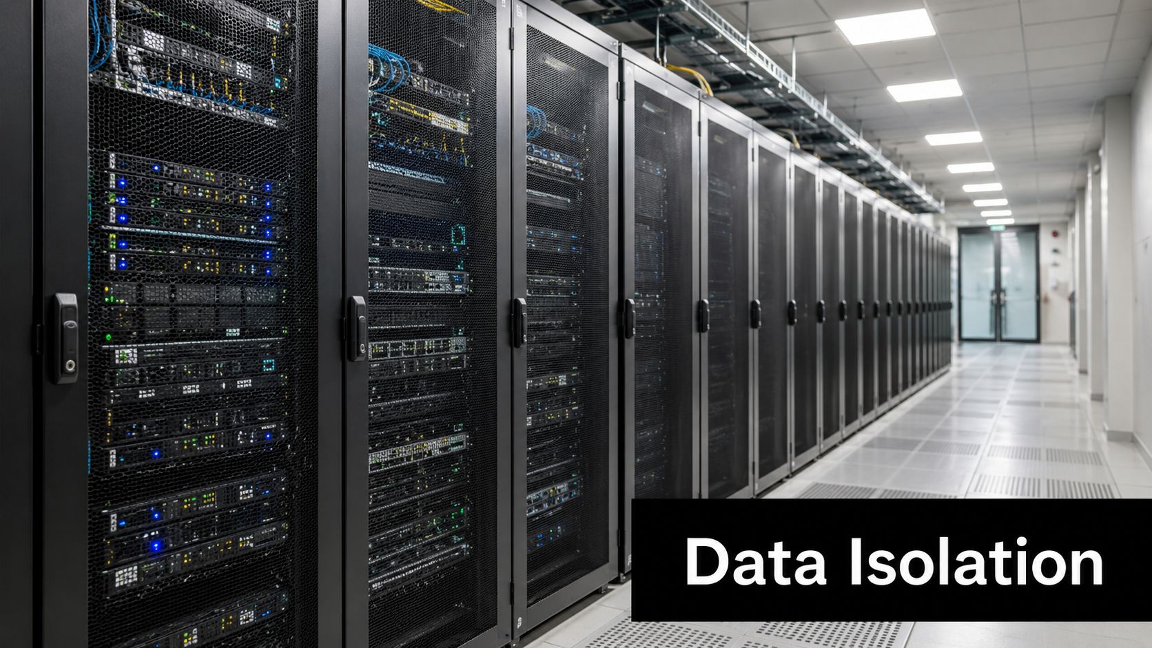 A row of black server racks in a modern data center with blue status indicator lights illuminated.