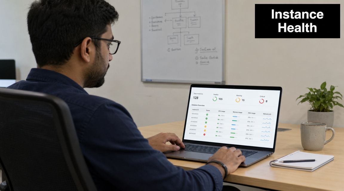 A professional man monitoring technical server instance health metrics on his laptop screen in an office.