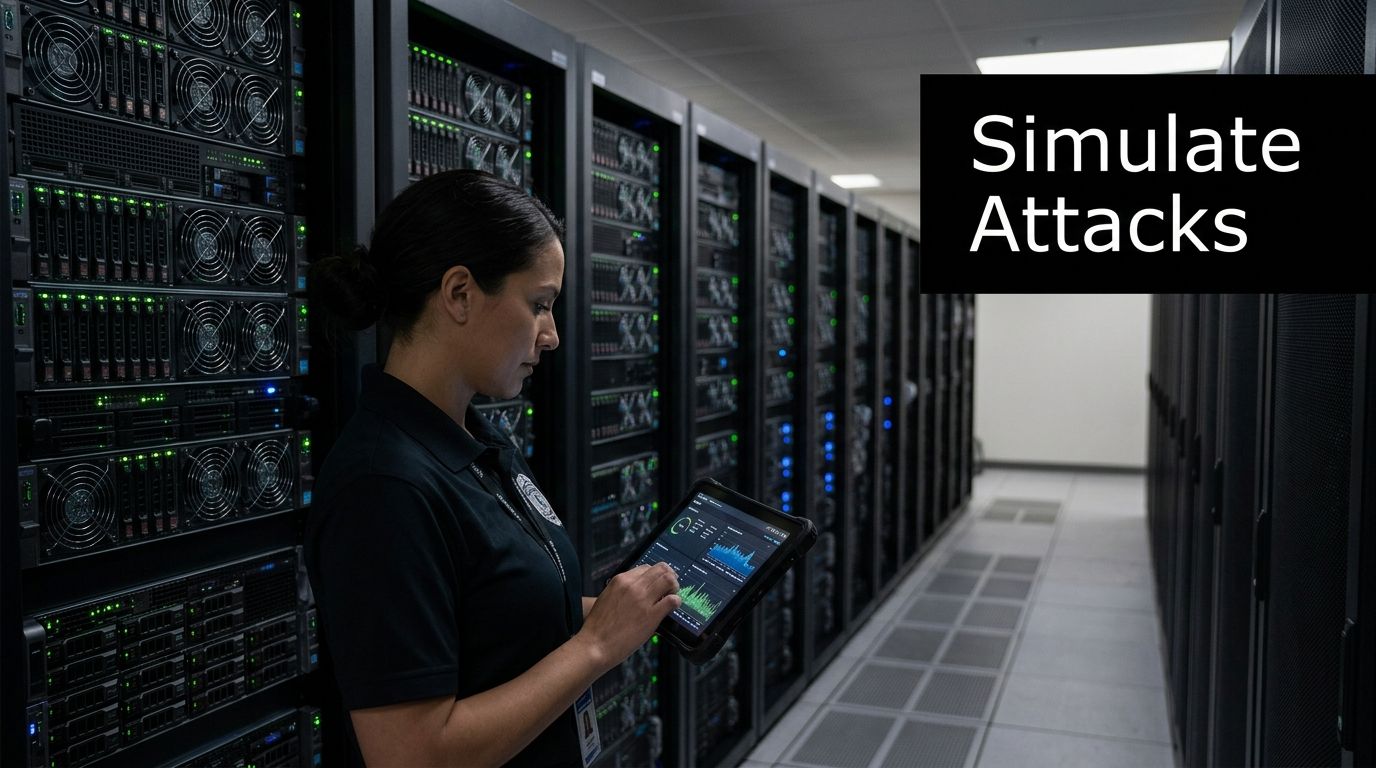 A cybersecurity professional in a server room using a tablet to conduct adversary simulation services.