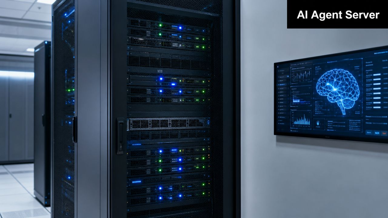 A professional data center server rack glowing with blue status lights in a modern technology facility.