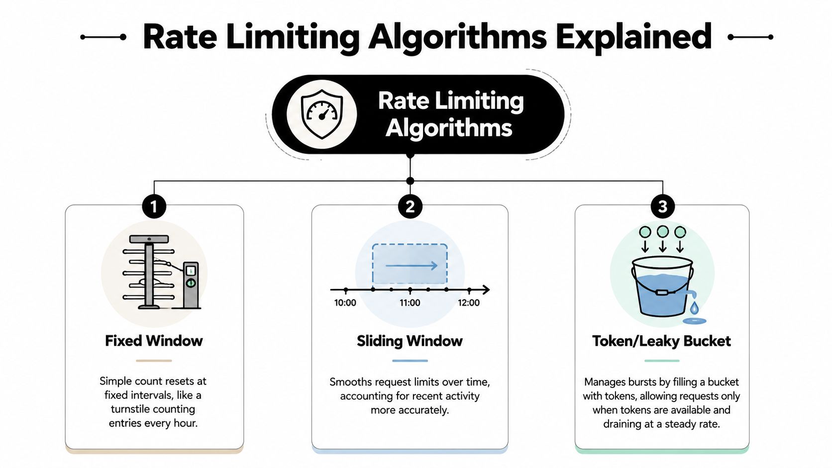 A diagram illustrating three different rate limiting algorithms: Fixed Window, Sliding Window, and Token or Leaky Bucket.