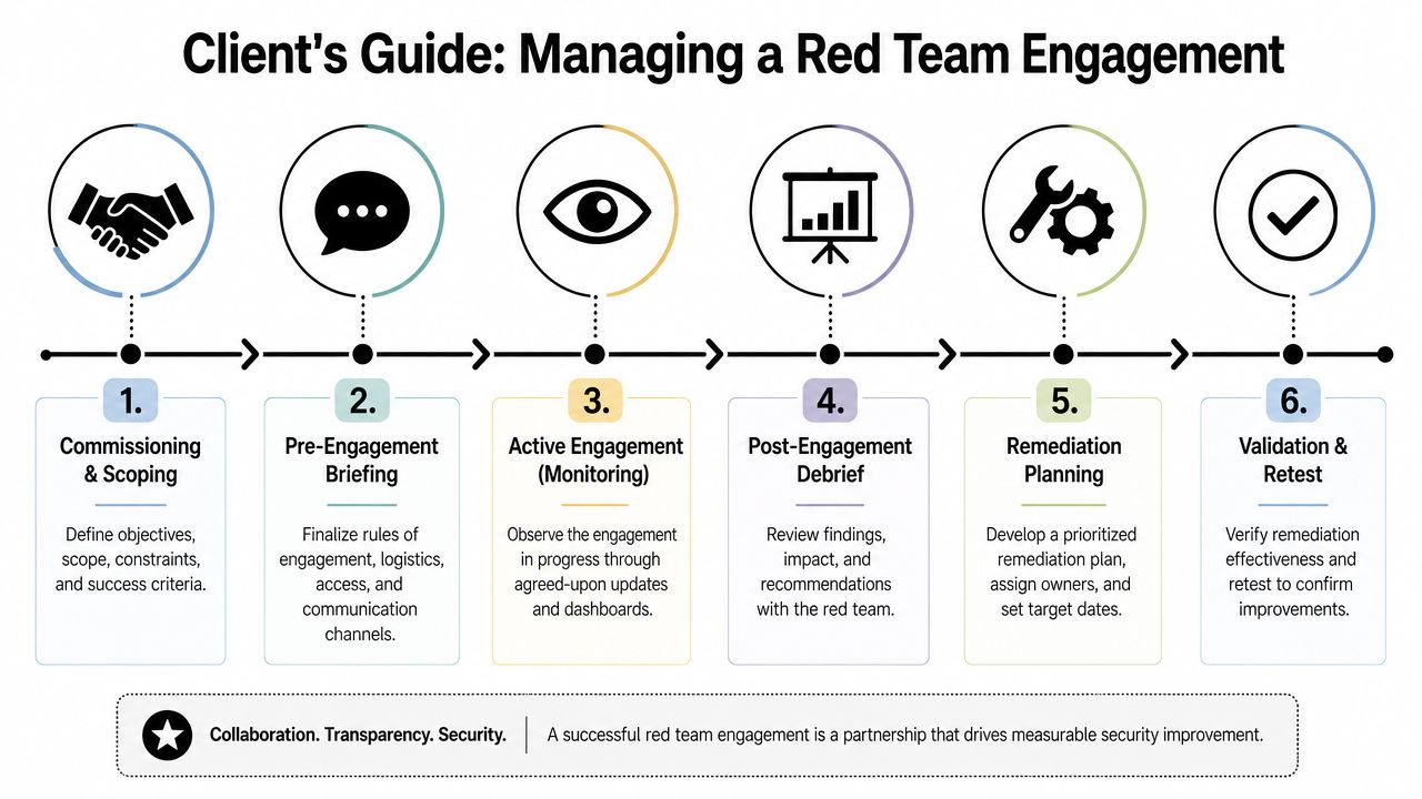 A six-step infographic illustrating the client's guide for managing a comprehensive red team engagement process.