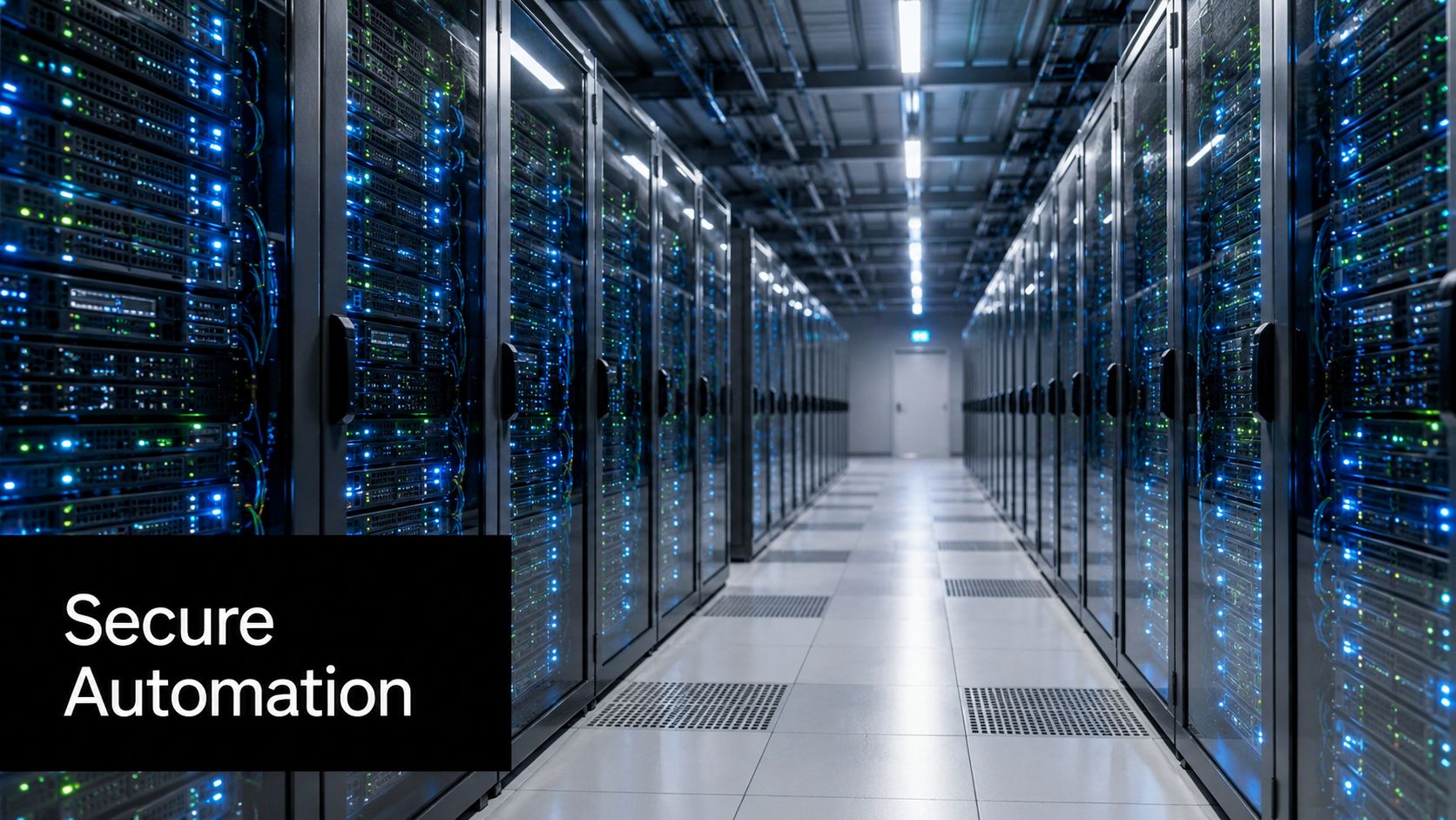 A modern data center aisle with rows of server cabinets blinking with blue LED indicator lights.