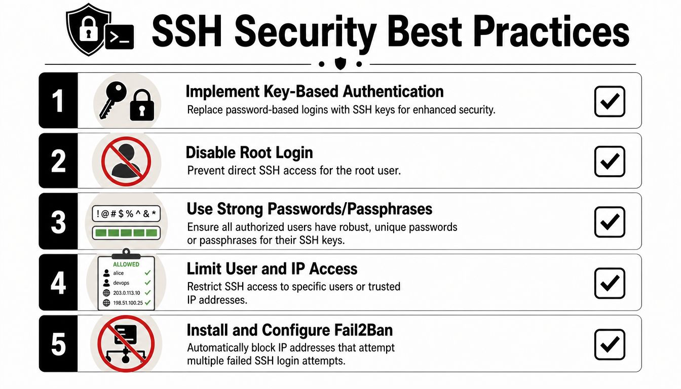 A professional infographic titled SSH Security Best Practices outlining five essential steps for securing server connections.
