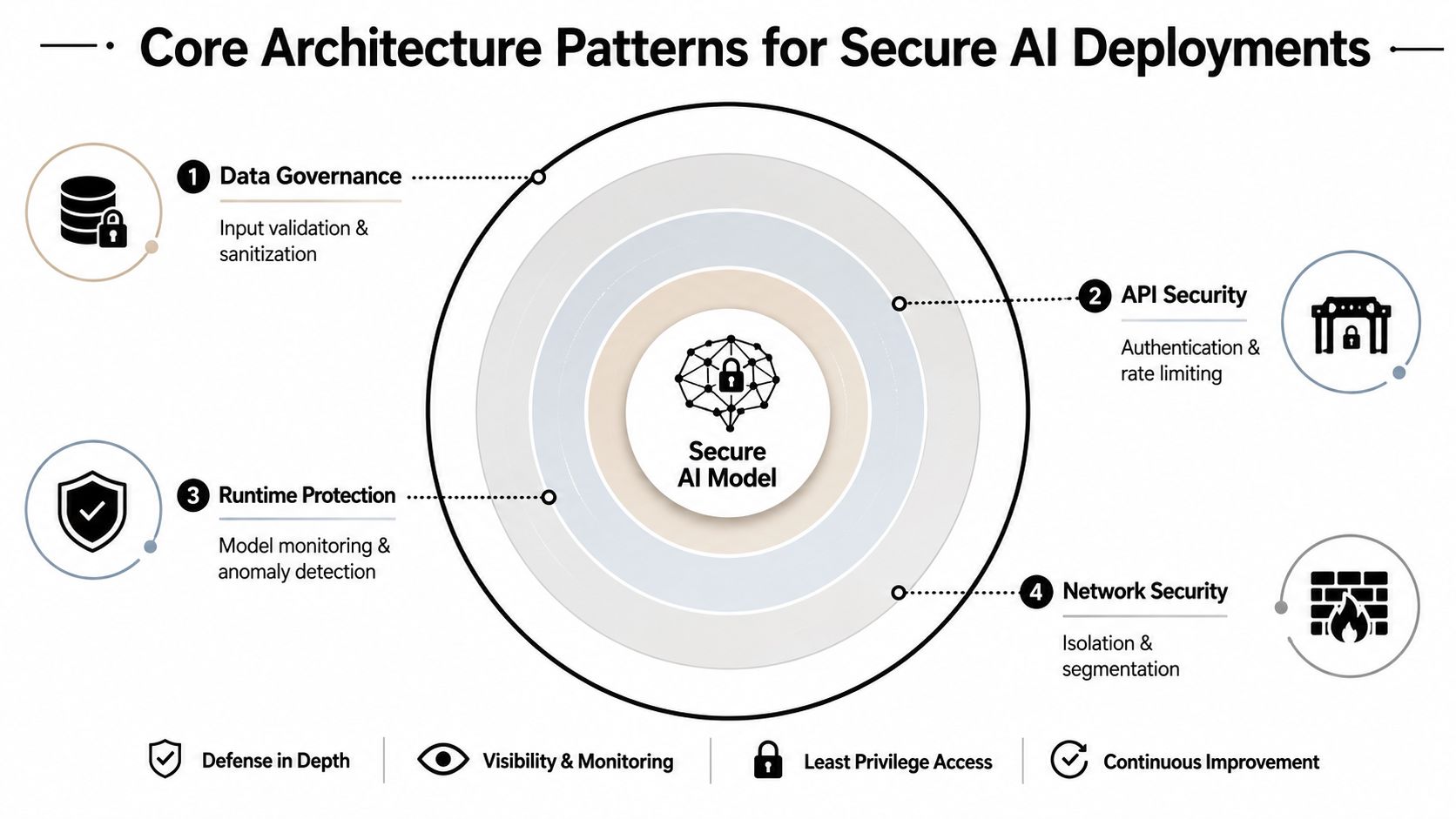 A diagram illustrating four core architecture patterns for deploying secure AI, including data governance, API security, runtime protection, and network security.