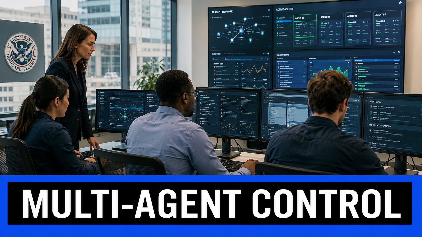 A team of professionals working in a high-tech security operations center monitoring AI multi-agent control systems.