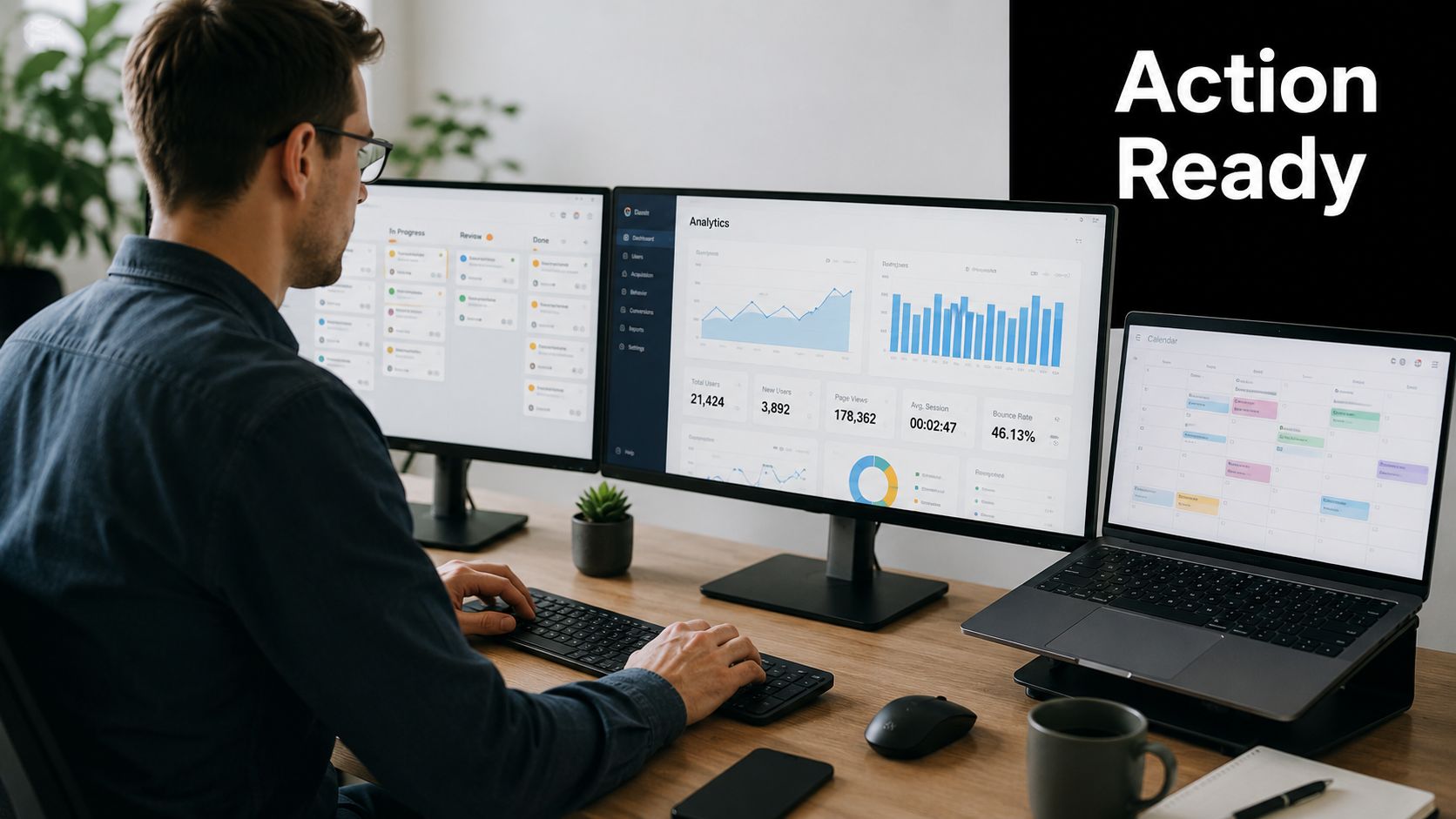 A professional man sitting at a desk with multiple monitors displaying data analytics and task management software.