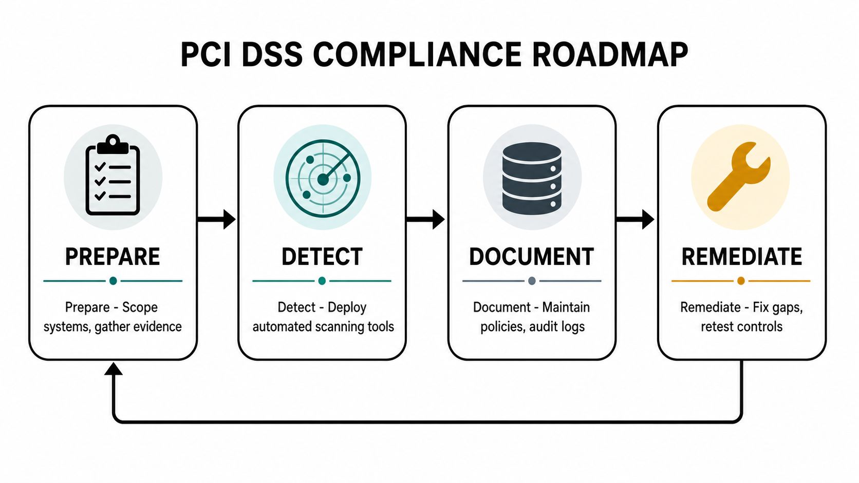 A four-step roadmap for achieving PCI DSS compliance, illustrating preparation, detection, documentation, and remediation processes.