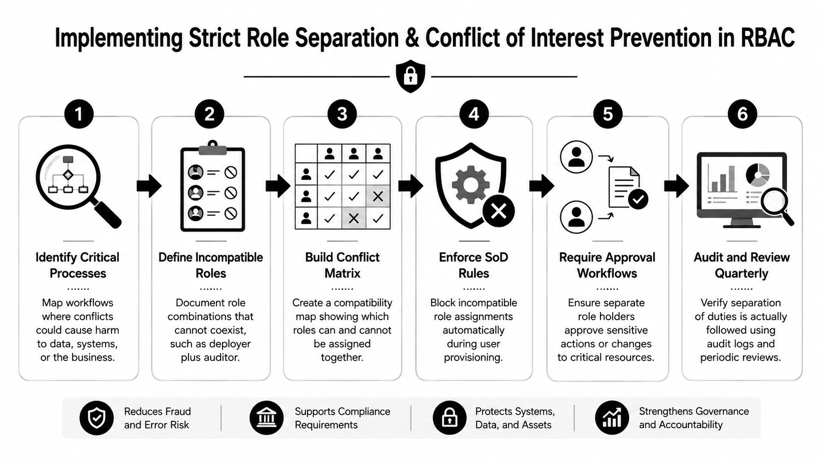 A six-step infographic detailing the process for implementing strict role separation and preventing conflicts of interest in RBAC systems.