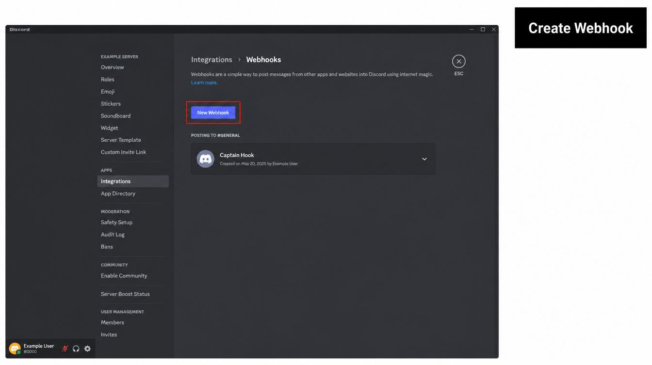 A Discord server settings window showing the integrations tab for creating and managing webhooks for automated messaging.