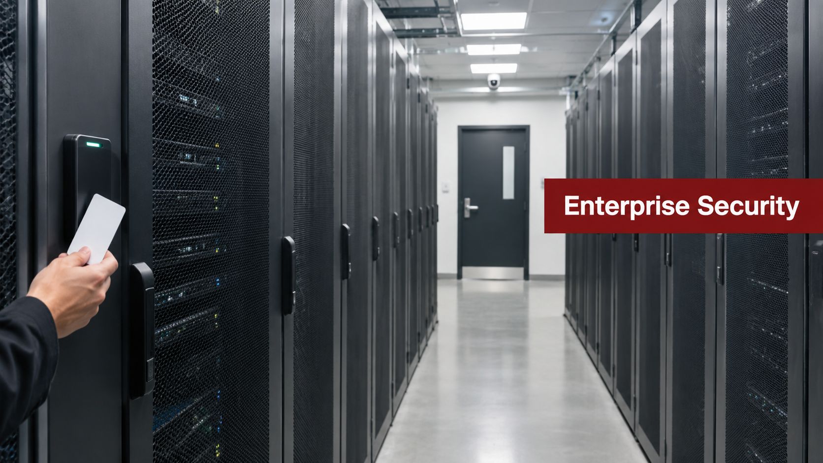 A technician using a key card to access a secure server rack in a modern data center.