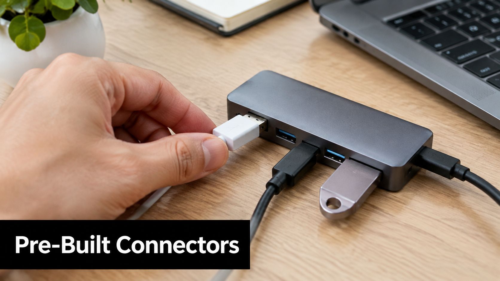 A hand plugging a USB-C connector into a metallic multi-port adapter on a wooden office desk.