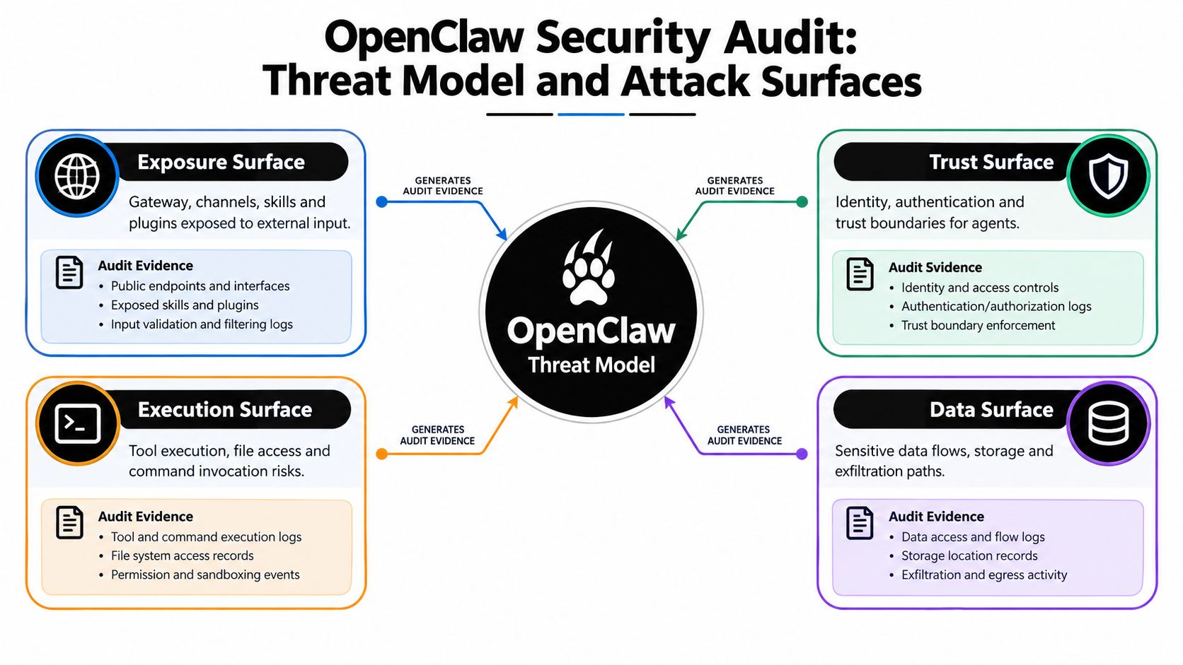 A diagram illustrating the OpenClaw security audit threat model with four key attack surfaces and their audit evidence.